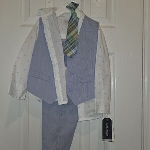 Nautica Boys' Light Blue and White Suit Set with Plaid Tie
